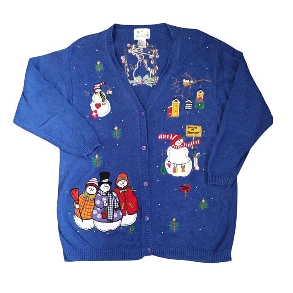 VTG Blue Christmas Snowmen Patches Button Up Knit Cardigan Plussize 1X